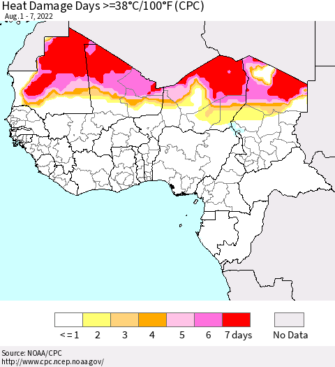Western Africa Heat Damage Days >=38°C/100°F (CPC) Thematic Map For 8/1/2022 - 8/7/2022