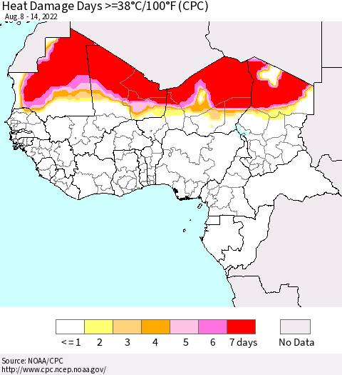 Western Africa Heat Damage Days >=38°C/100°F (CPC) Thematic Map For 8/8/2022 - 8/14/2022