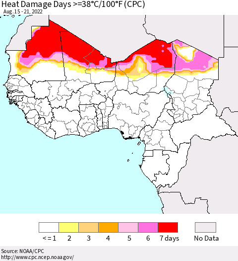 Western Africa Heat Damage Days >=38°C/100°F (CPC) Thematic Map For 8/15/2022 - 8/21/2022