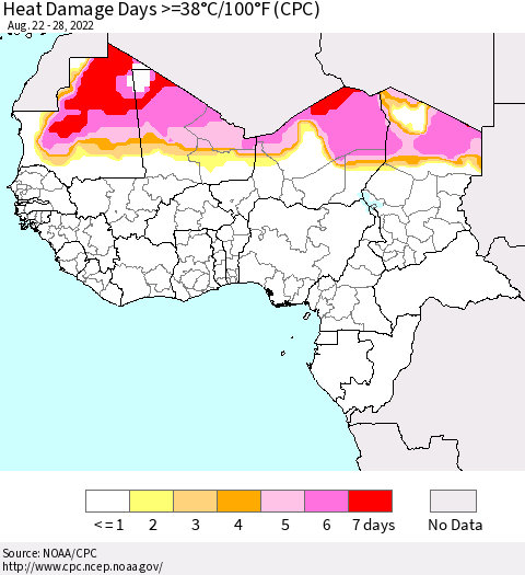 Western Africa Heat Damage Days >=38°C/100°F (CPC) Thematic Map For 8/22/2022 - 8/28/2022