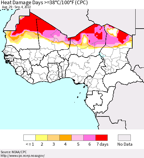 Western Africa Heat Damage Days >=38°C/100°F (CPC) Thematic Map For 8/29/2022 - 9/4/2022