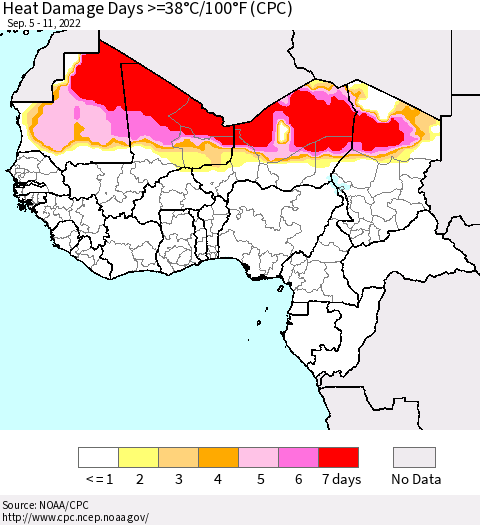 Western Africa Heat Damage Days >=38°C/100°F (CPC) Thematic Map For 9/5/2022 - 9/11/2022