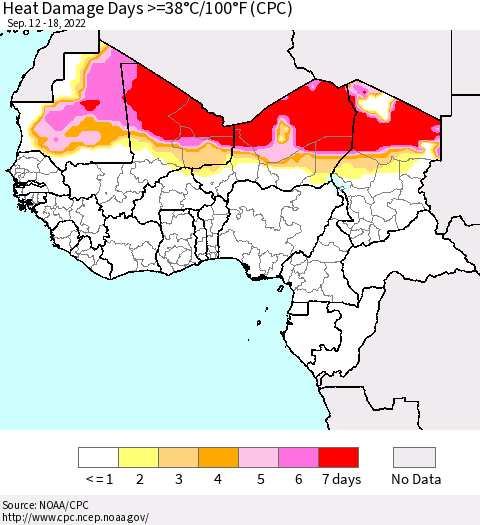 Western Africa Heat Damage Days >=38°C/100°F (CPC) Thematic Map For 9/12/2022 - 9/18/2022
