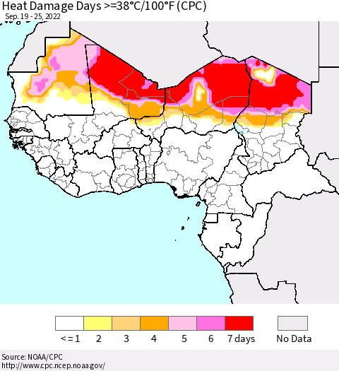 Western Africa Heat Damage Days >=38°C/100°F (CPC) Thematic Map For 9/19/2022 - 9/25/2022
