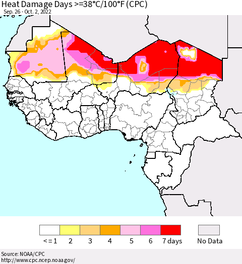 Western Africa Heat Damage Days >=38°C/100°F (CPC) Thematic Map For 9/26/2022 - 10/2/2022