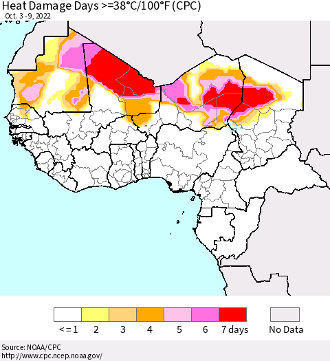 Western Africa Heat Damage Days >=38°C/100°F (CPC) Thematic Map For 10/3/2022 - 10/9/2022