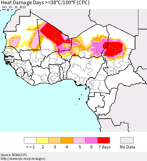 Western Africa Heat Damage Days >=38°C/100°F (CPC) Thematic Map For 10/10/2022 - 10/16/2022