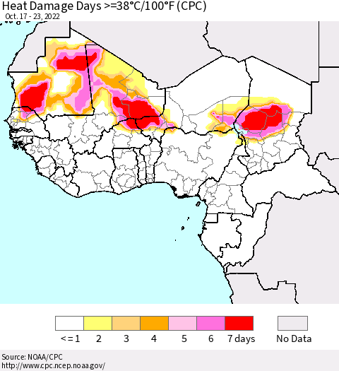 Western Africa Heat Damage Days >=38°C/100°F (CPC) Thematic Map For 10/17/2022 - 10/23/2022