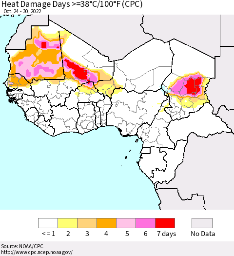 Western Africa Heat Damage Days >=38°C/100°F (CPC) Thematic Map For 10/24/2022 - 10/30/2022