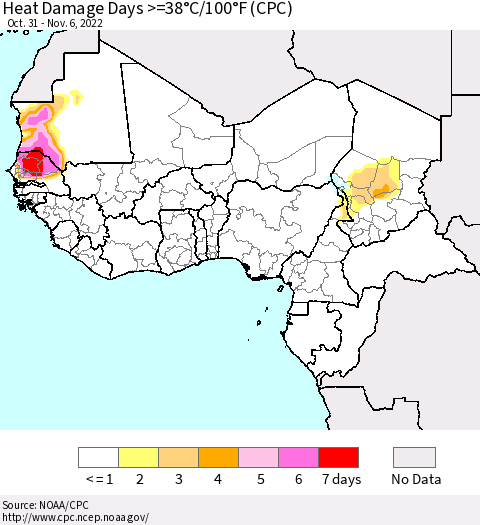 Western Africa Heat Damage Days >=38°C/100°F (CPC) Thematic Map For 10/31/2022 - 11/6/2022