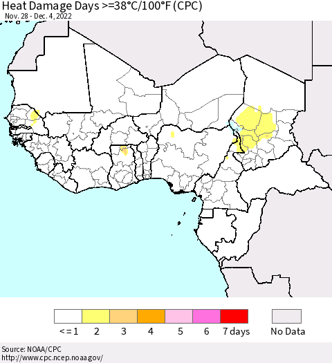 Western Africa Heat Damage Days >=38°C/100°F (CPC) Thematic Map For 11/28/2022 - 12/4/2022