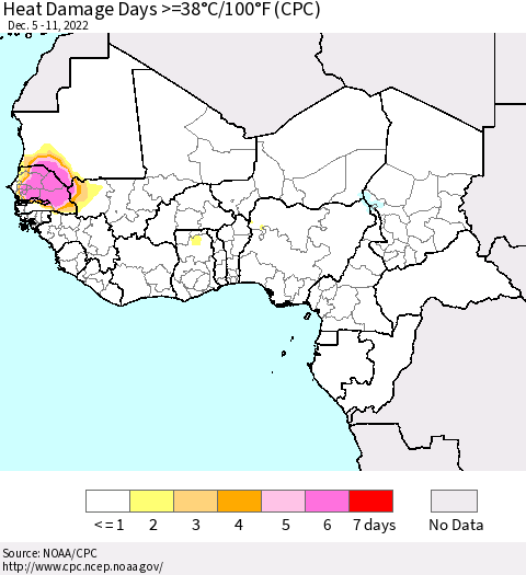 Western Africa Heat Damage Days >=38°C/100°F (CPC) Thematic Map For 12/5/2022 - 12/11/2022
