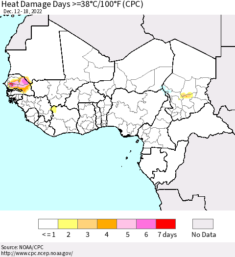 Western Africa Heat Damage Days >=38°C/100°F (CPC) Thematic Map For 12/12/2022 - 12/18/2022