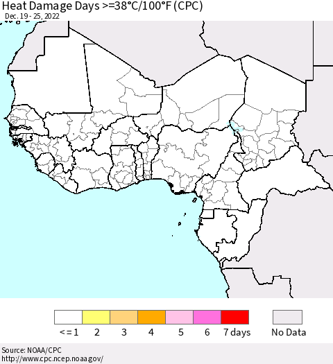 Western Africa Heat Damage Days >=38°C/100°F (CPC) Thematic Map For 12/19/2022 - 12/25/2022