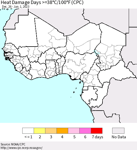 Western Africa Heat Damage Days >=38°C/100°F (CPC) Thematic Map For 12/26/2022 - 1/1/2023
