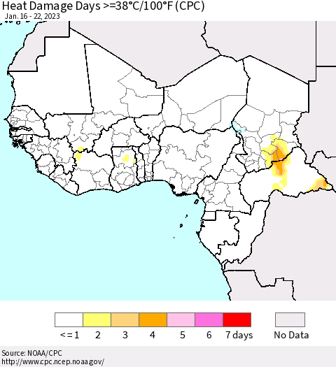 Western Africa Heat Damage Days >=38°C/100°F (CPC) Thematic Map For 1/16/2023 - 1/22/2023