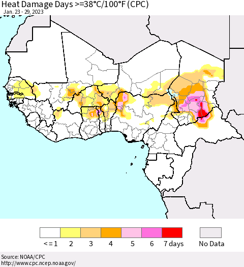 Western Africa Heat Damage Days >=38°C/100°F (CPC) Thematic Map For 1/23/2023 - 1/29/2023