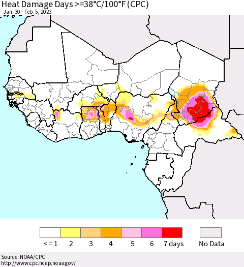 Western Africa Heat Damage Days >=38°C/100°F (CPC) Thematic Map For 1/30/2023 - 2/5/2023