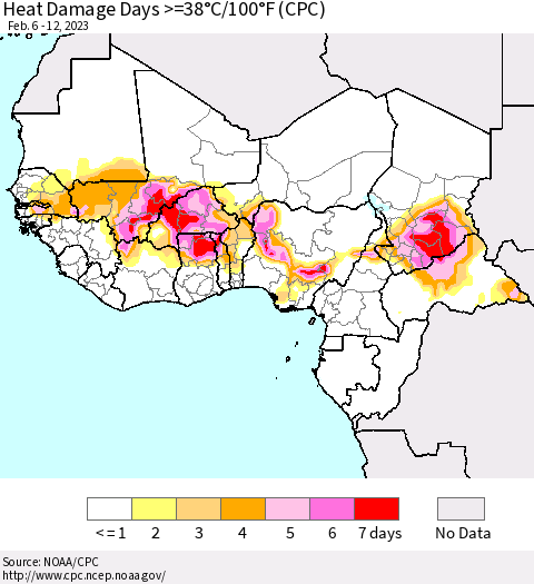 Western Africa Heat Damage Days >=38°C/100°F (CPC) Thematic Map For 2/6/2023 - 2/12/2023