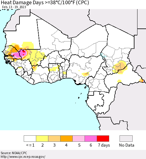 Western Africa Heat Damage Days >=38°C/100°F (CPC) Thematic Map For 2/13/2023 - 2/19/2023