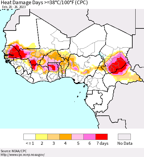 Western Africa Heat Damage Days >=38°C/100°F (CPC) Thematic Map For 2/20/2023 - 2/26/2023