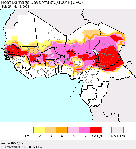 Western Africa Heat Damage Days >=38°C/100°F (CPC) Thematic Map For 2/27/2023 - 3/5/2023
