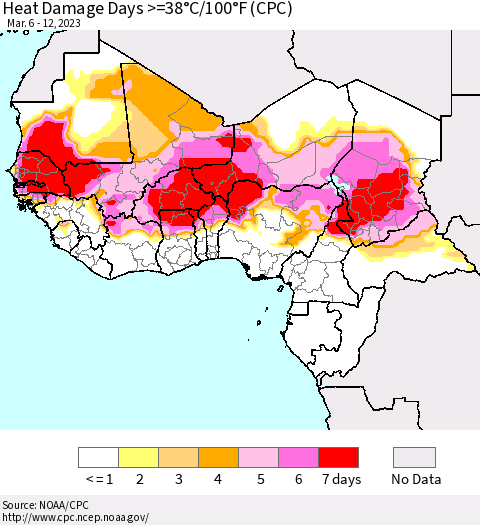 Western Africa Heat Damage Days >=38°C/100°F (CPC) Thematic Map For 3/6/2023 - 3/12/2023