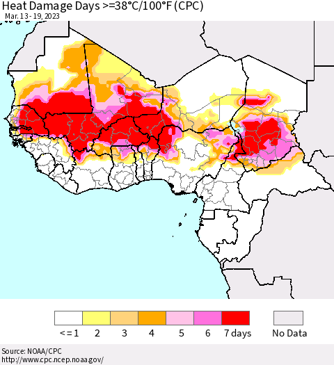 Western Africa Heat Damage Days >=38°C/100°F (CPC) Thematic Map For 3/13/2023 - 3/19/2023