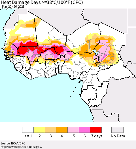 Western Africa Heat Damage Days >=38°C/100°F (CPC) Thematic Map For 3/20/2023 - 3/26/2023