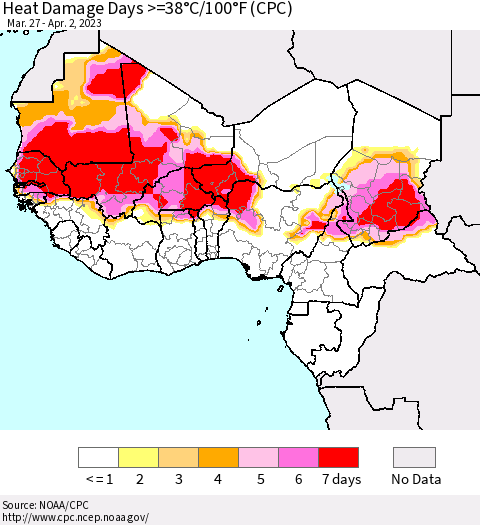 Western Africa Heat Damage Days >=38°C/100°F (CPC) Thematic Map For 3/27/2023 - 4/2/2023