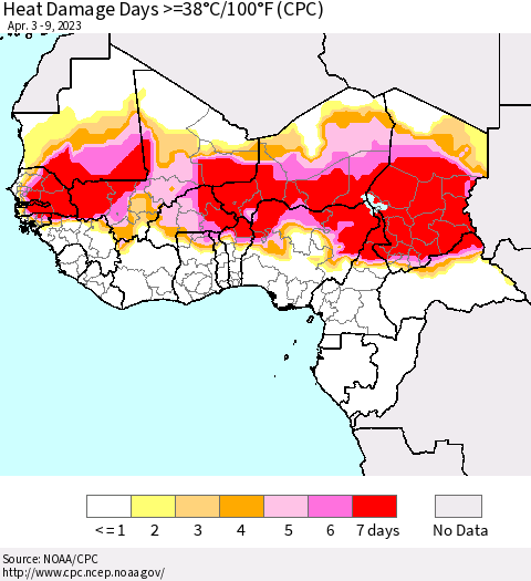 Western Africa Heat Damage Days >=38°C/100°F (CPC) Thematic Map For 4/3/2023 - 4/9/2023