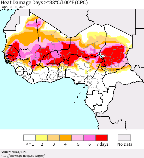 Western Africa Heat Damage Days >=38°C/100°F (CPC) Thematic Map For 4/10/2023 - 4/16/2023