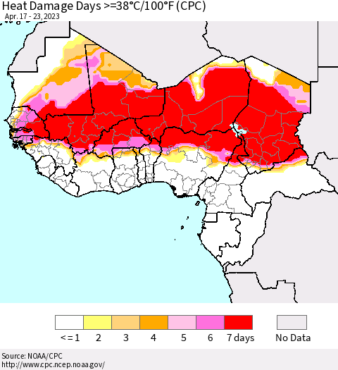 Western Africa Heat Damage Days >=38°C/100°F (CPC) Thematic Map For 4/17/2023 - 4/23/2023