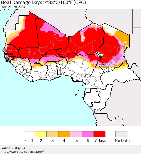 Western Africa Heat Damage Days >=38°C/100°F (CPC) Thematic Map For 4/24/2023 - 4/30/2023