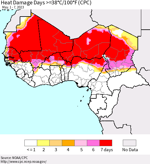 Western Africa Heat Damage Days >=38°C/100°F (CPC) Thematic Map For 5/1/2023 - 5/7/2023