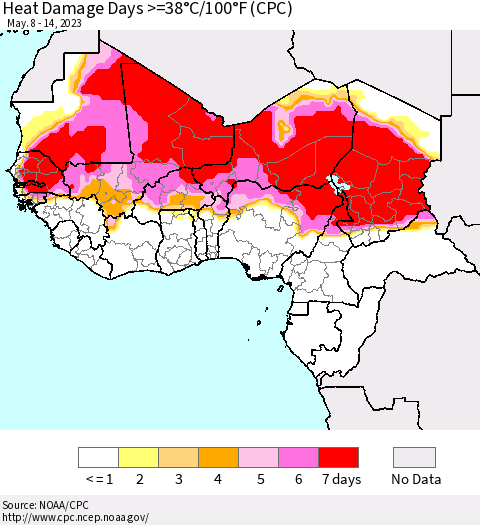 Western Africa Heat Damage Days >=38°C/100°F (CPC) Thematic Map For 5/8/2023 - 5/14/2023