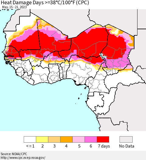Western Africa Heat Damage Days >=38°C/100°F (CPC) Thematic Map For 5/15/2023 - 5/21/2023