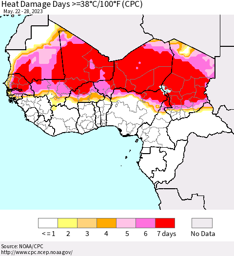 Western Africa Heat Damage Days >=38°C/100°F (CPC) Thematic Map For 5/22/2023 - 5/28/2023
