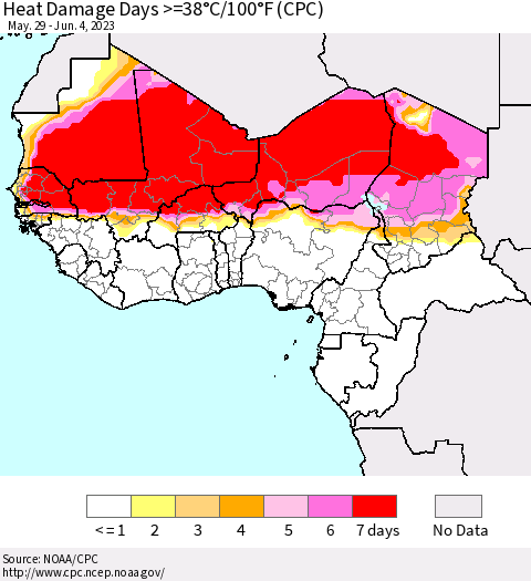 Western Africa Heat Damage Days >=38°C/100°F (CPC) Thematic Map For 5/29/2023 - 6/4/2023