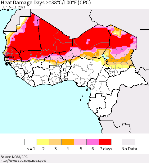 Western Africa Heat Damage Days >=38°C/100°F (CPC) Thematic Map For 6/5/2023 - 6/11/2023