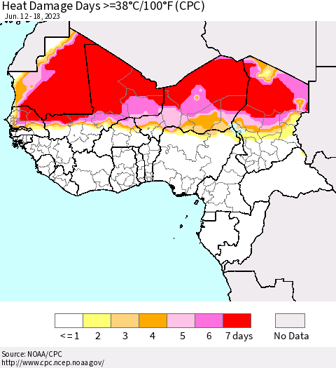 Western Africa Heat Damage Days >=38°C/100°F (CPC) Thematic Map For 6/12/2023 - 6/18/2023