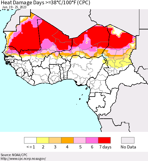 Western Africa Heat Damage Days >=38°C/100°F (CPC) Thematic Map For 6/19/2023 - 6/25/2023