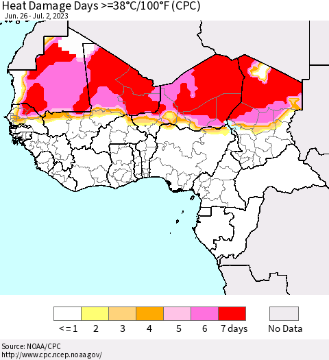 Western Africa Heat Damage Days >=38°C/100°F (CPC) Thematic Map For 6/26/2023 - 7/2/2023