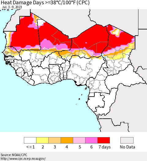 Western Africa Heat Damage Days >=38°C/100°F (CPC) Thematic Map For 7/3/2023 - 7/9/2023