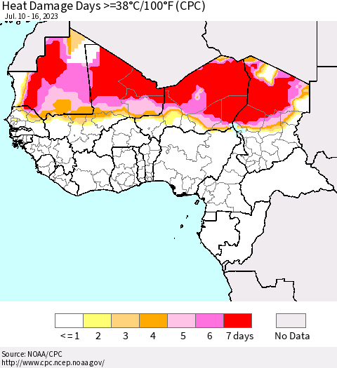 Western Africa Heat Damage Days >=38°C/100°F (CPC) Thematic Map For 7/10/2023 - 7/16/2023