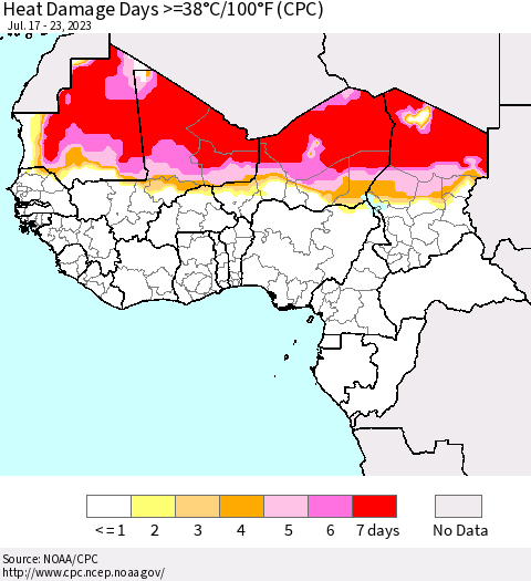 Western Africa Heat Damage Days >=38°C/100°F (CPC) Thematic Map For 7/17/2023 - 7/23/2023