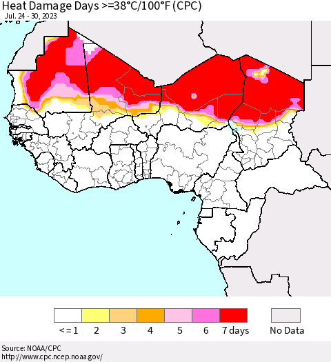 Western Africa Heat Damage Days >=38°C/100°F (CPC) Thematic Map For 7/24/2023 - 7/30/2023
