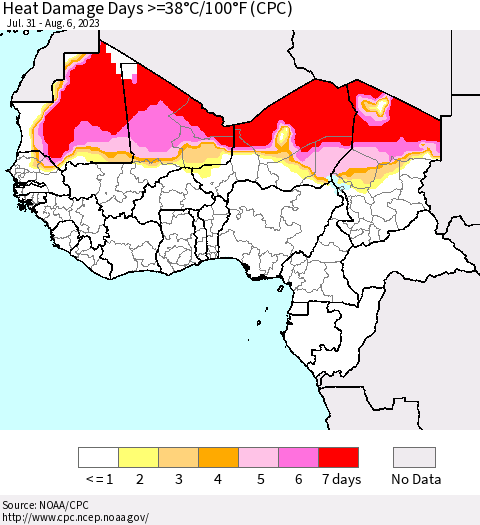 Western Africa Heat Damage Days >=38°C/100°F (CPC) Thematic Map For 7/31/2023 - 8/6/2023