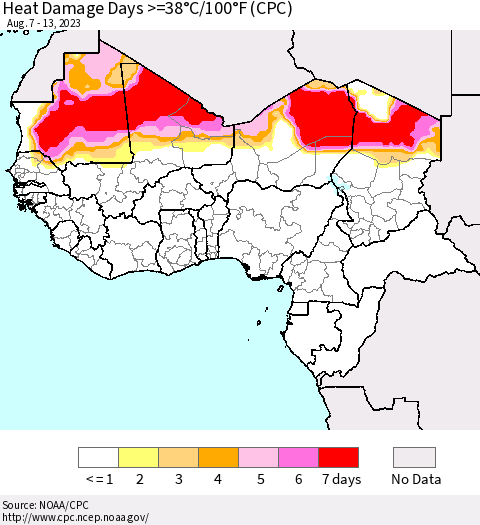 Western Africa Heat Damage Days >=38°C/100°F (CPC) Thematic Map For 8/7/2023 - 8/13/2023
