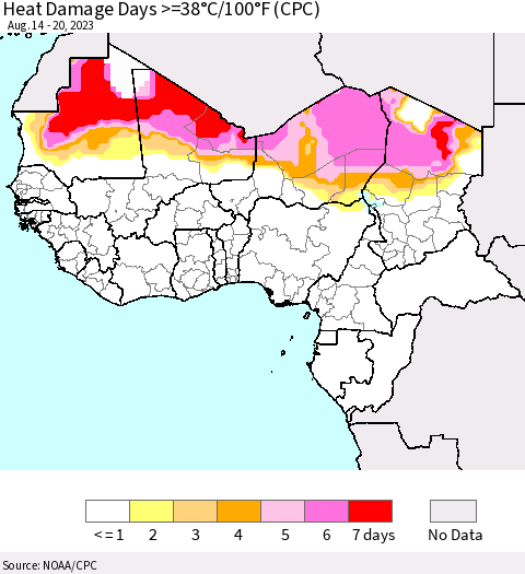 Western Africa Heat Damage Days >=38°C/100°F (CPC) Thematic Map For 8/14/2023 - 8/20/2023